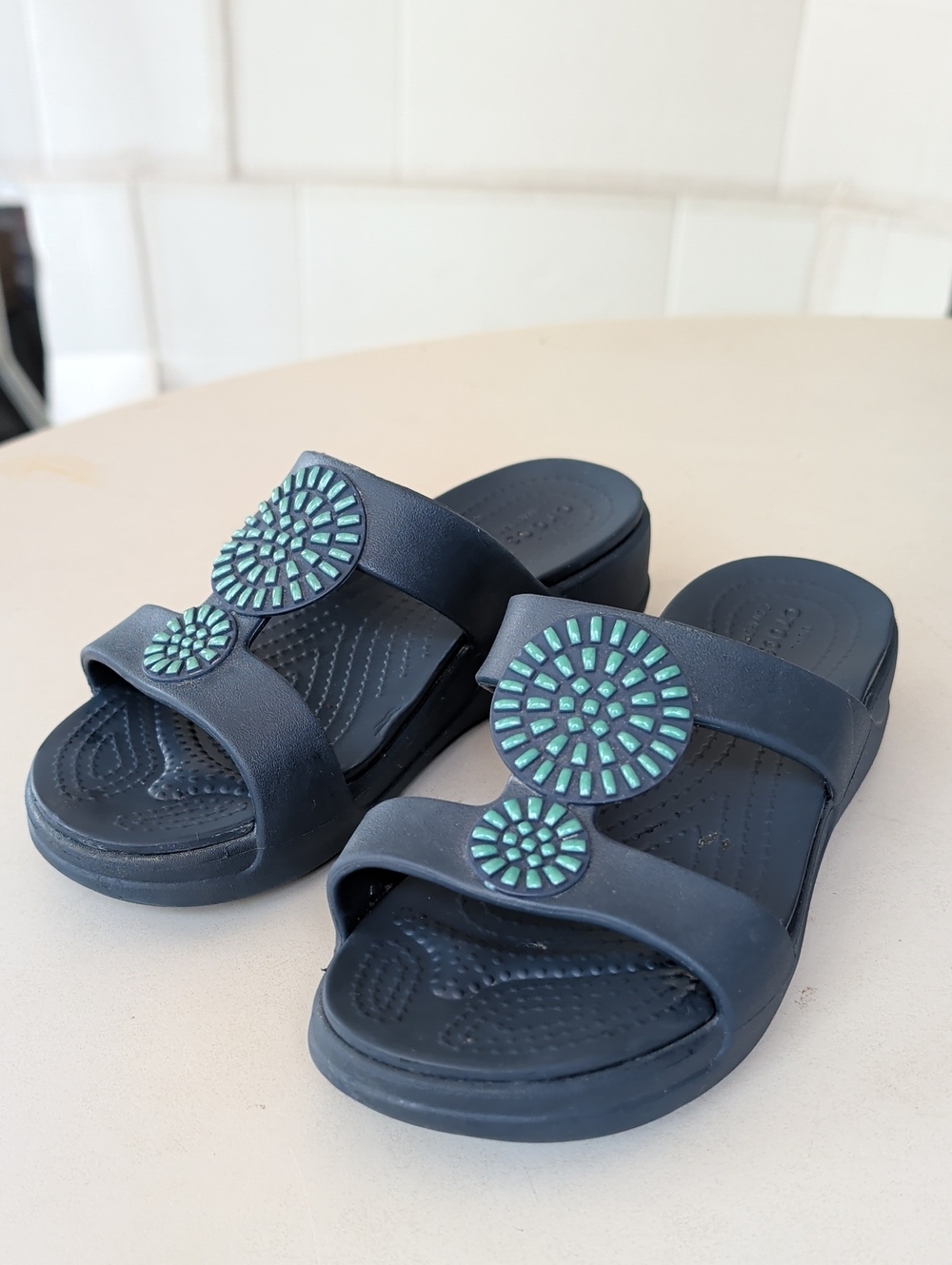 CROCS Navy Slide Sandals Monterey Diamante SZ 5 Women's Comfy Dual Comfort